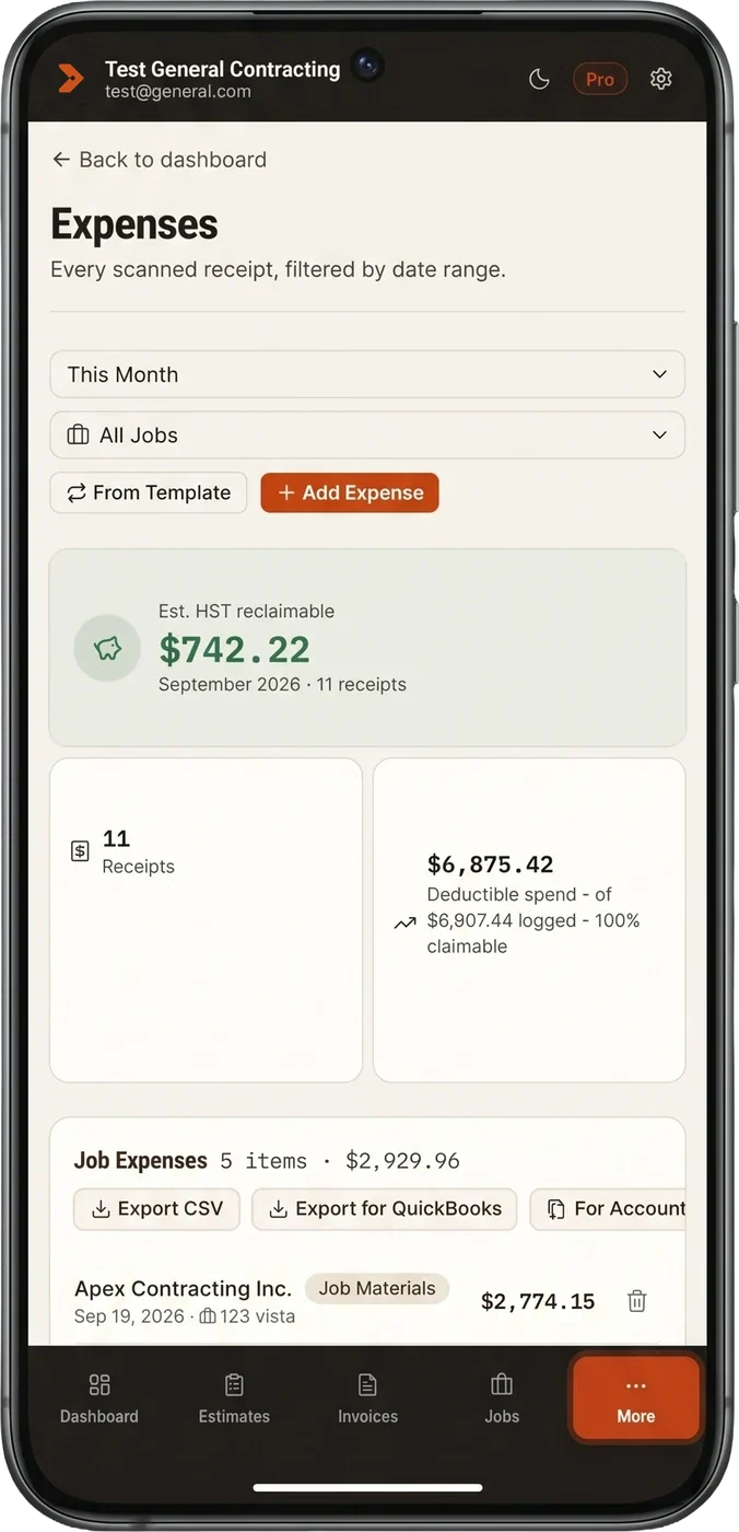 Receipts screen on a phone