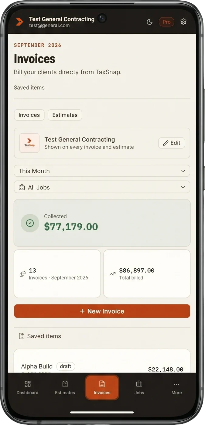 Invoices screen on a phone